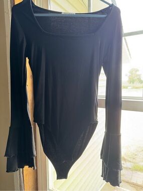 Black Long-Sleeve Ruffle Cuff Bodysuit